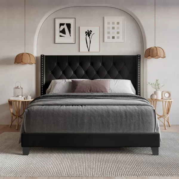 Wingback Headboard low profile fabric upholstered bed.